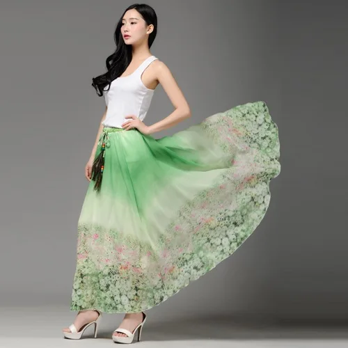 Летом женские цветочный принт шифон лонг-бич юбка 3 цветов - Цвет: Зеленый