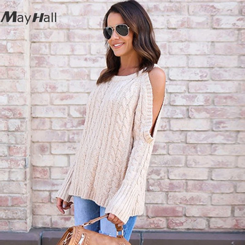 MayHall, женские вязаные пуловеры с открытым плечом и длинным рукавом, свободные свитера, повседневные осенне-зимние свитера, mujer MH274