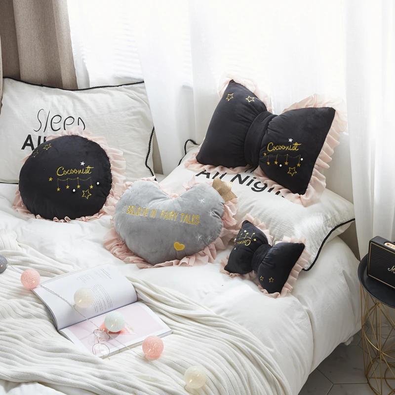 

iDouillet Fairy Bowknot/Sweet-heart/Round Stuffed Girls Throw Pillow with Lace Ruffles and Embroidery Decorative Nursery Cushion