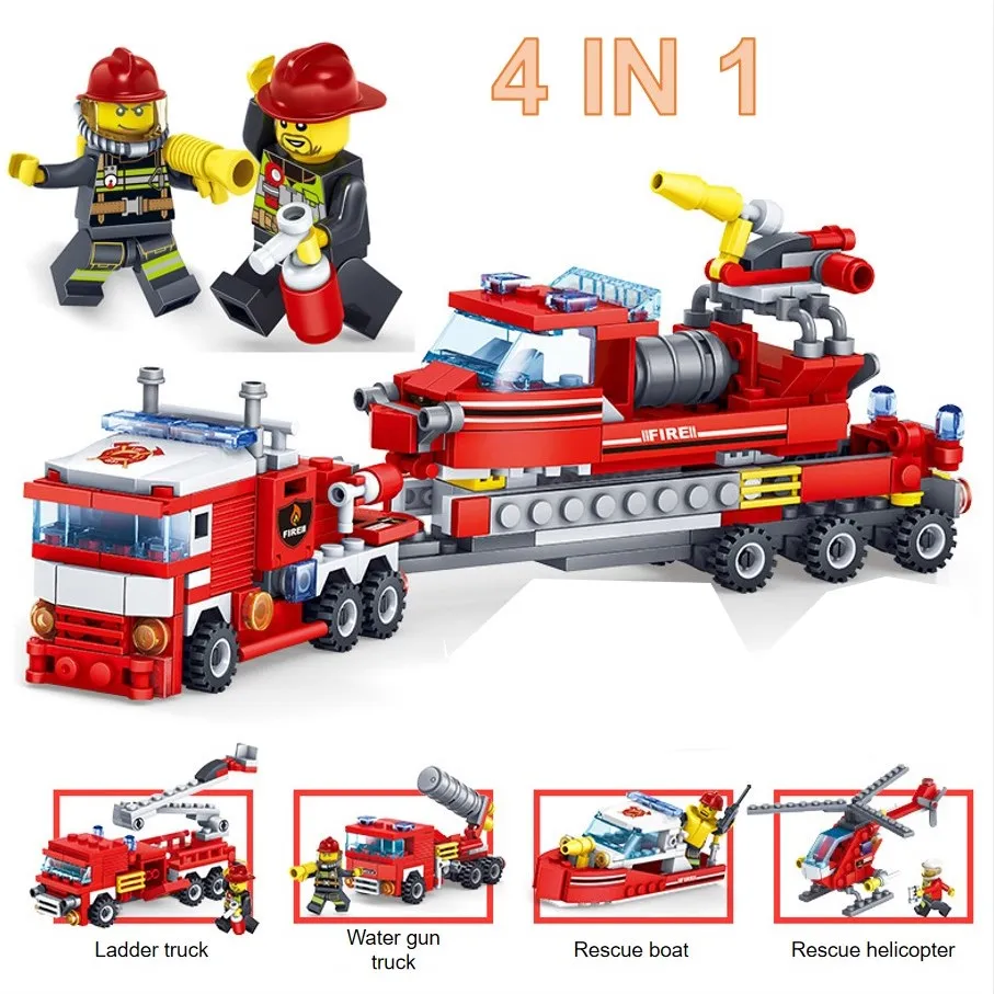 

4in1 Assemble Legoed Firefighting Helicopter Ladder Truck Compatible Legod Building Blocks Educational Toys For Children