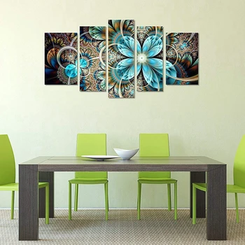 

Dropship 5 Panels Abstract Dark Yellow and Blue Fractal Flower Painting for Room Wall Decor Flowers Home Decor Canvas Wall Art