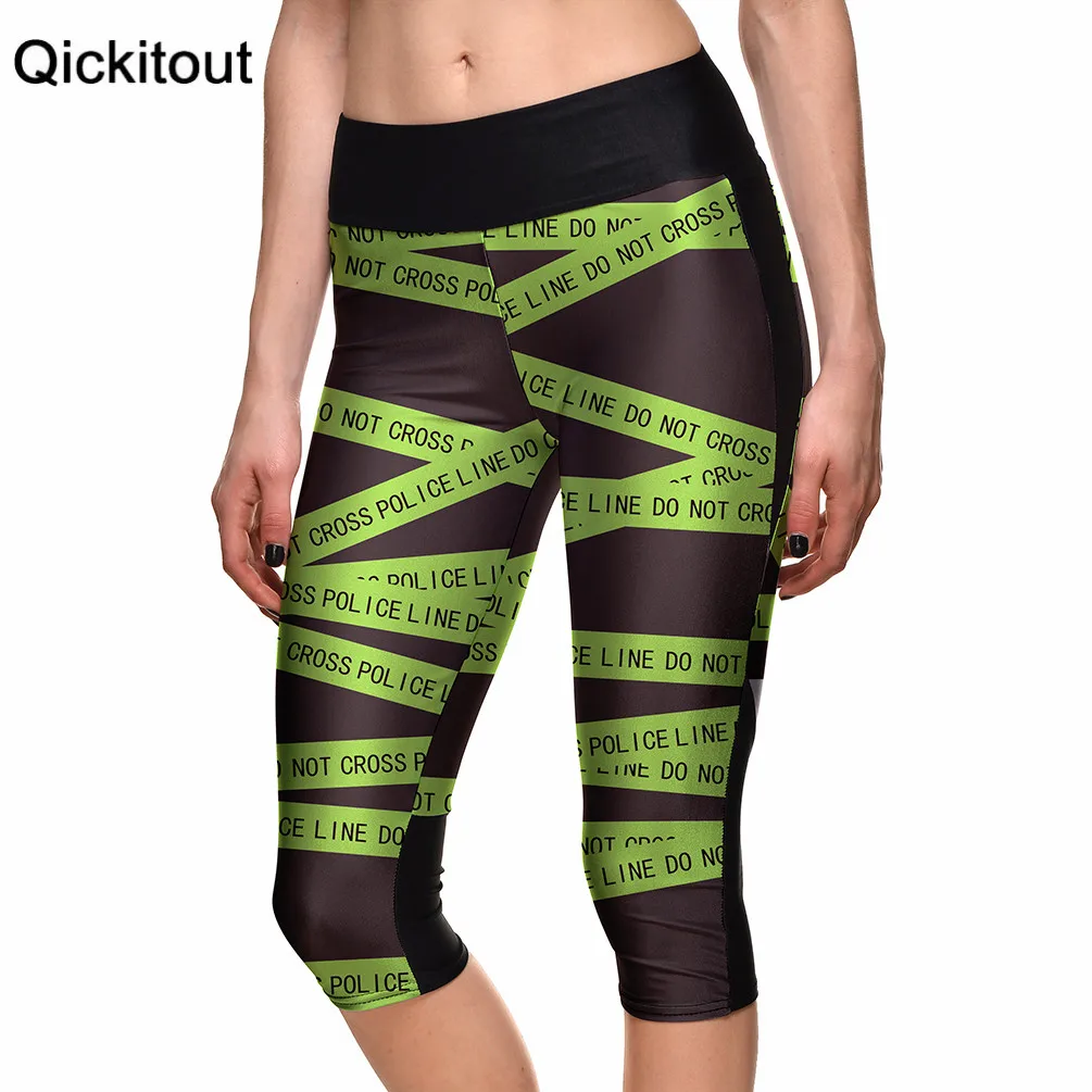 

Drop ship Hot Women's 7 point pants women legging Green warning strips digital print women high waist Side pocket phone pant