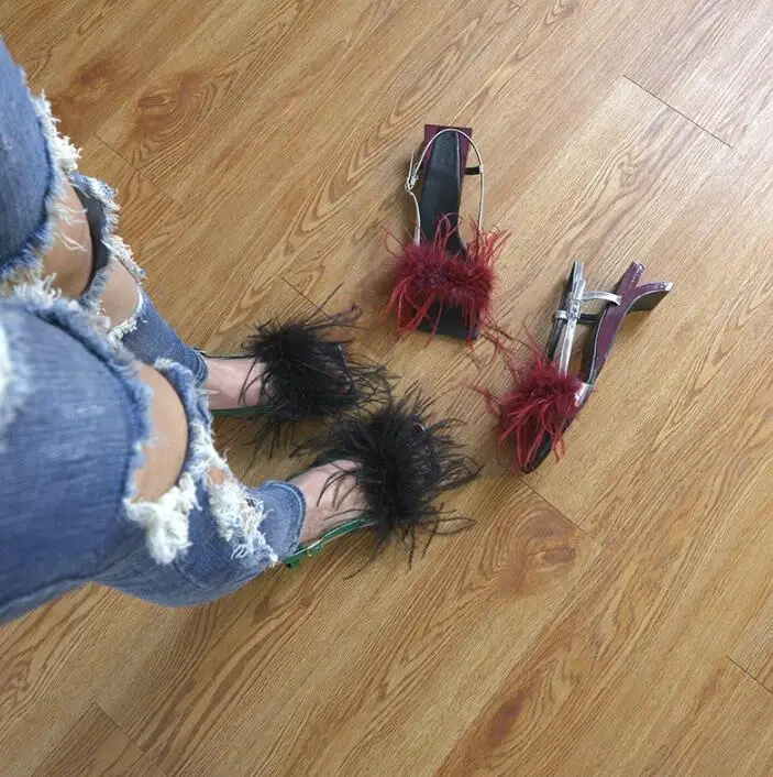 Summer New Brand Women Red Green Feather Synthetic Fur Cheap High Quality Strange Style Heels Buckle Strap Low Heel Sandals