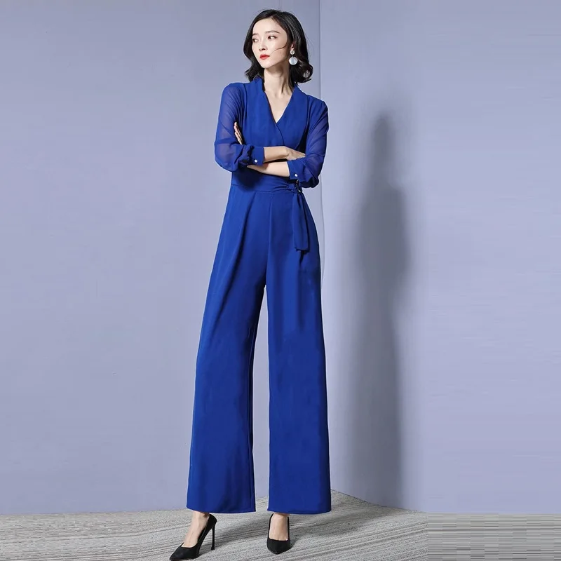 

Blue Rompers Womens Jumpsuit Long Pants 2019 New Fashion Elegant Office Lady Deep V-neck Wide leg jumpsuits Women Overalls