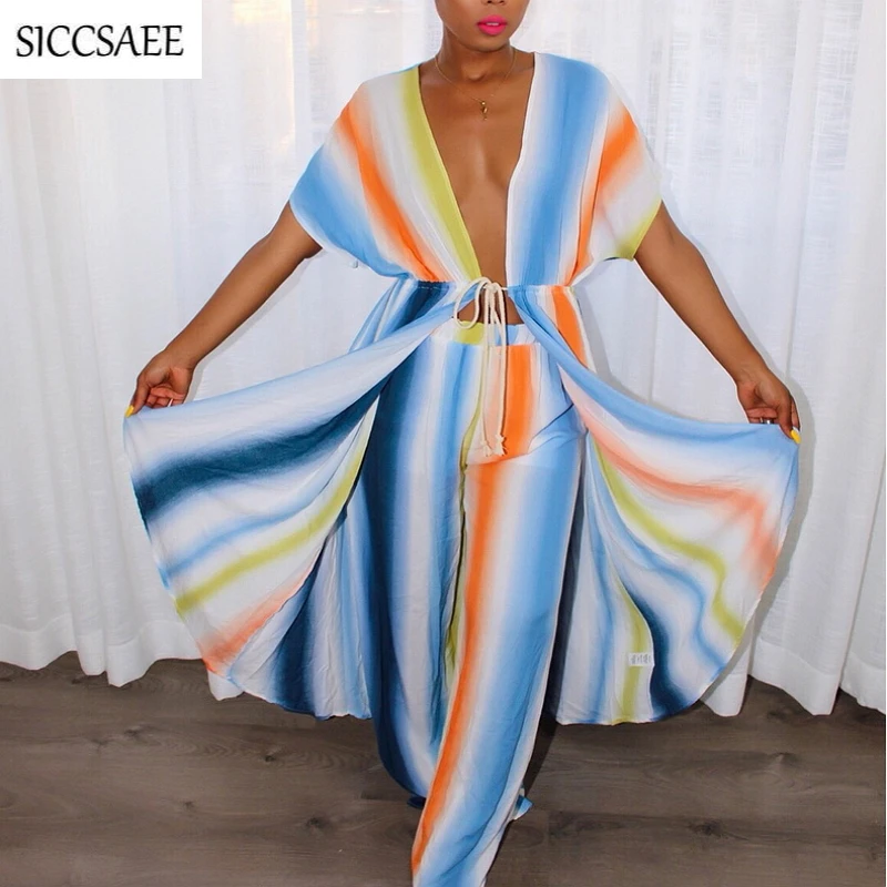 

Striped Print Two Piece Set Batwing Sleeve Cardigan Pants Suits African Style Dashiki Retro Fringe Overalls Cloak Kimono Boho