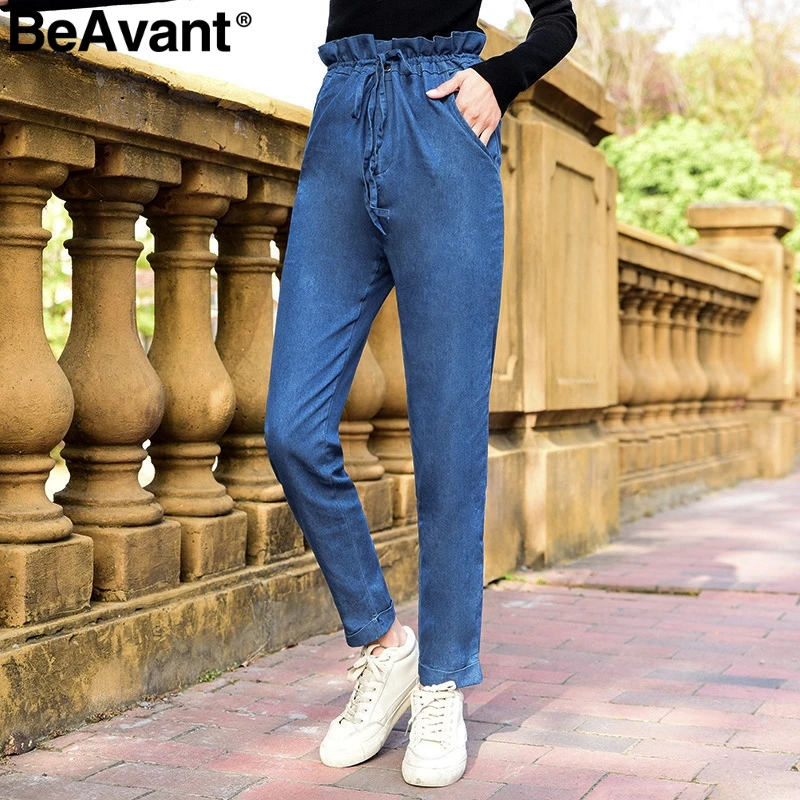 BeAvant Casual blue high wasit women jeans pants Ruffle loose denim