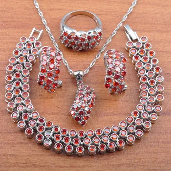 

Red Zirconia Jewelry Sets For Women Wedding Costume Silver Color Ring Necklace And Earrings Set With Bracelets JS0283