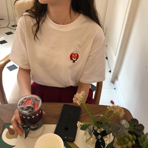 

Dog Embroidered White Cotton Casual Loose Basic 2019 New Arrival Short Sleeve Street Fresh Female Women T-shirts