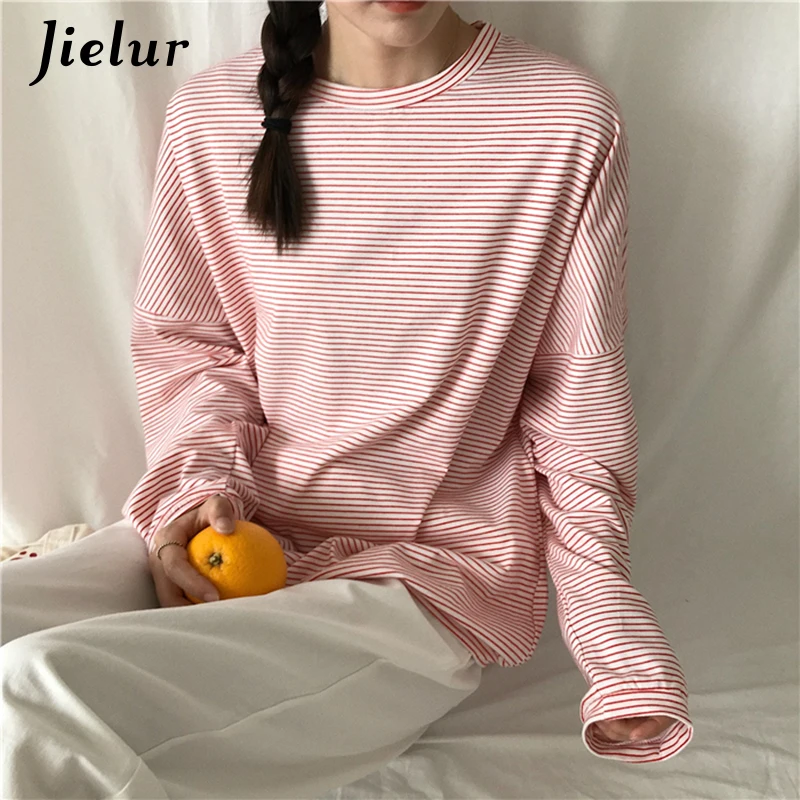Jielur корейская мода Удобная полосатая футболка женская короткая тонкая