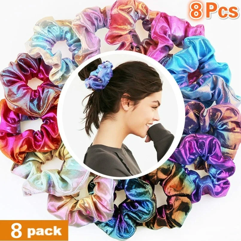 

8 Pieces Glitter Scrunchies Colorful ElasticHair Rope Ponytail Holder Hair Accessories for Girls and Women