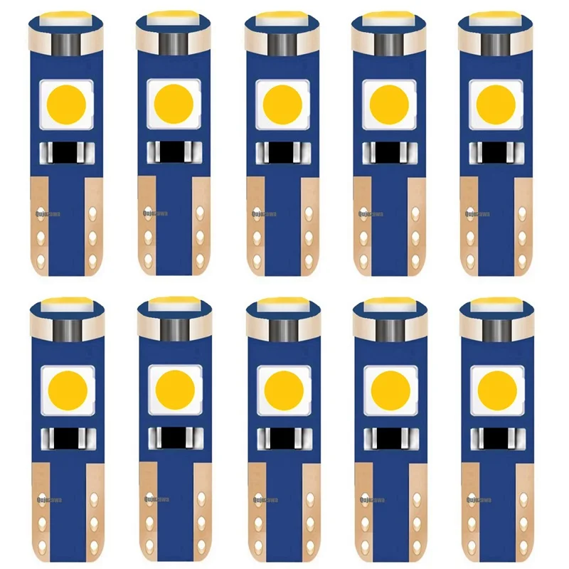 10 шт. T5 W3W W1.2W 3 SMD 3030 светодиодный светильник для приборной панели автомобиля, белый, зеленый, желтый, красный, розовый, синий кристалл