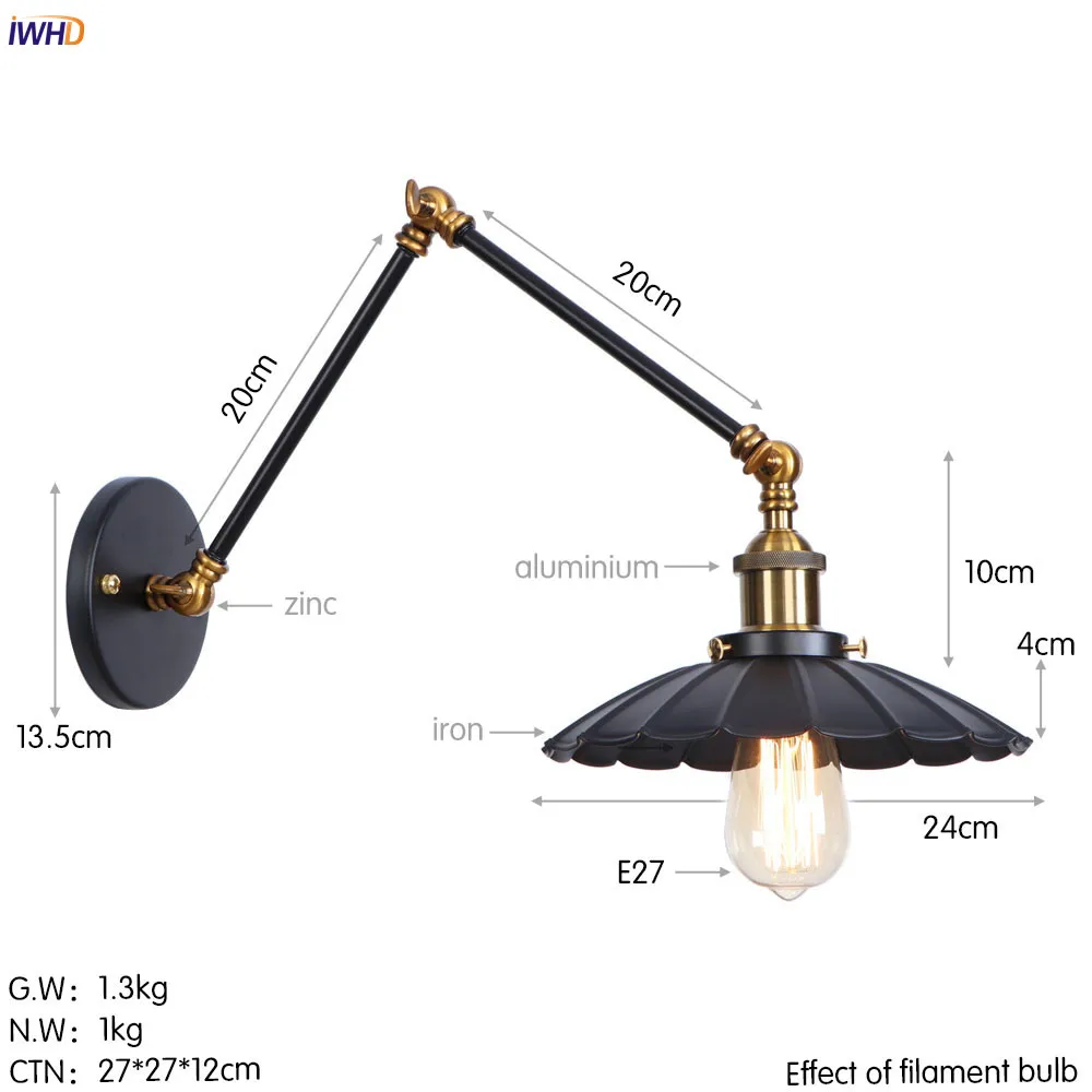 IWHD светодиодный настенный светильник с длинными ручками, Светильники для спальни, лестницы, ванной комнаты, Edison, Ретро стиль, лофт, промышленный винтажный настенный светильник, лампа Lampen - Цвет абажура: Black