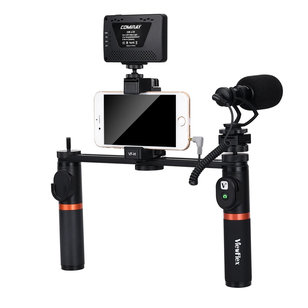 

CoMica Smartphone Grip Rig Microphone Kits Selfie Stick LED Light Double Handles Stabilizer for Gopro Camera Video Broadcasting
