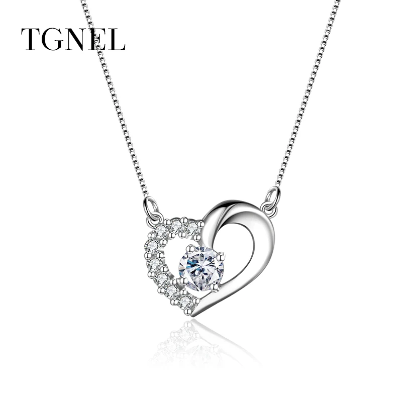 

TGNEL S925 Sterling Silver Necklace Pendants Silver Heart CZ Stone Fine Jewelry Long Chain Choker 925 Silver Colar for Party