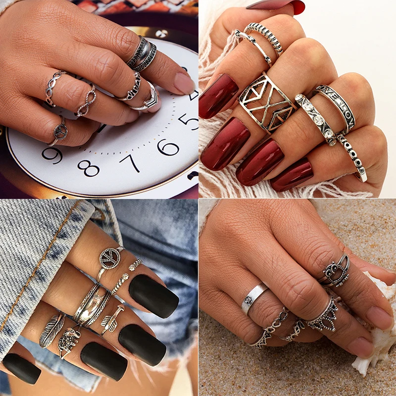 

6 pcs/lot Geometric carved Midi Rings Set Vintage Elephant Feather Infinity Peace Sign Arrow Wave Bohemian Knuckle Rings Jewelry