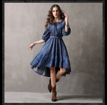 

TUHAO Vintage Embroidery Dresses for Women Lantern Sleeve High Waist Women's Vestidos New Summer Denim Female Dress T2108