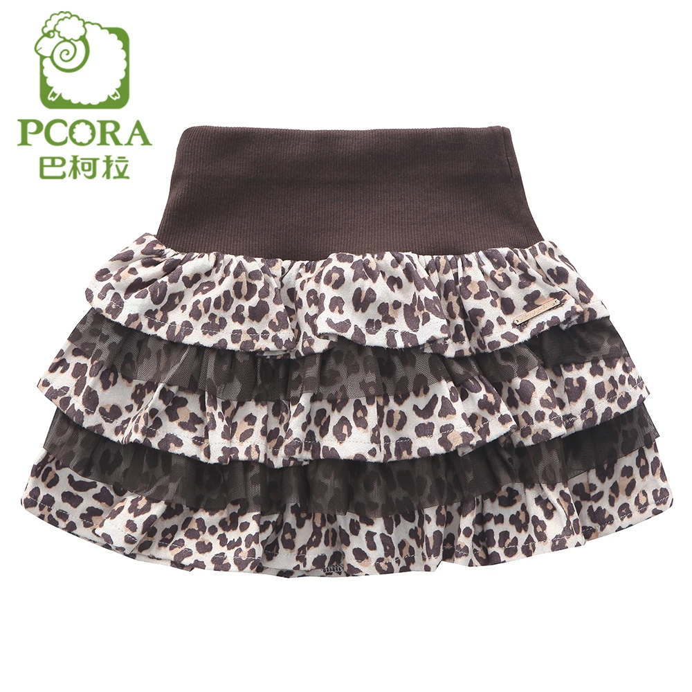 PCORA Kids Girl Mini Skirt Leopard Pattern Spring and Autumn Wear Knitted Elastic Waist Above Knee