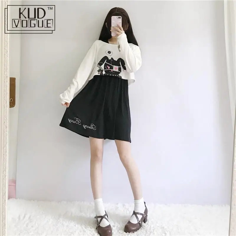 Lolita Dress 2pcs Suit Sweet Cotton Dress Short Cute Bunny Print Long Sleeves Set Japanese Teens Kawaii Girls