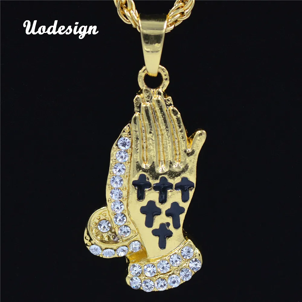 

Hiphop Prayer Hand Charm Pendant Necklace Iced Out Crystal Praying Hands With Cross Religious Necklace For Men