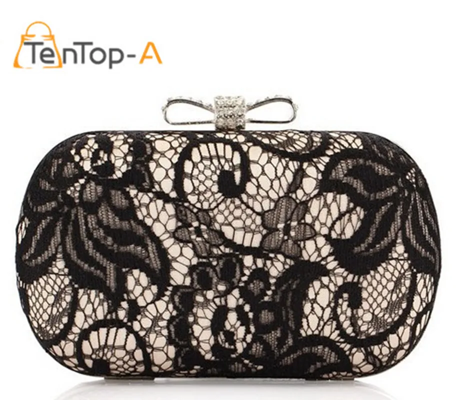TenTop A Good Hollow Lace Clutch Bags New Lace Satin Evening Bags High Grade Silk Bow