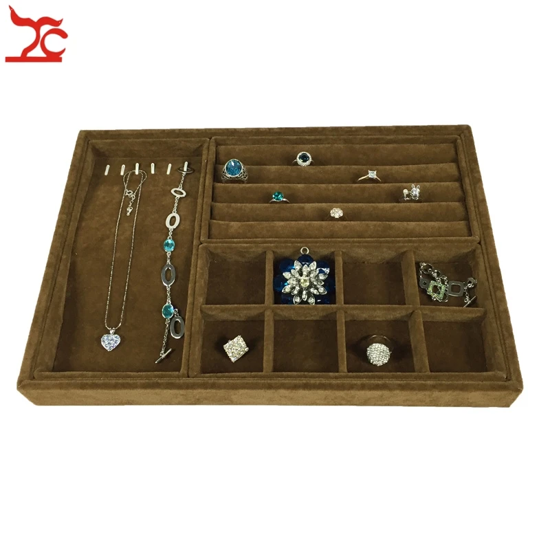 

4Pcs Brown Velvet Jewelry Display Tray Bracelet Holder Ring Earring Storage Organizer Box Pendant Display Storage Tray 35*24*3cm