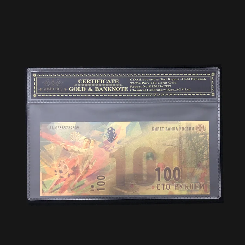 

Nice 2018 Russia Banknote World Cup Banknote 100 Rouble Football Banknote in 24k Gold with COA Frame For Collection and Gift