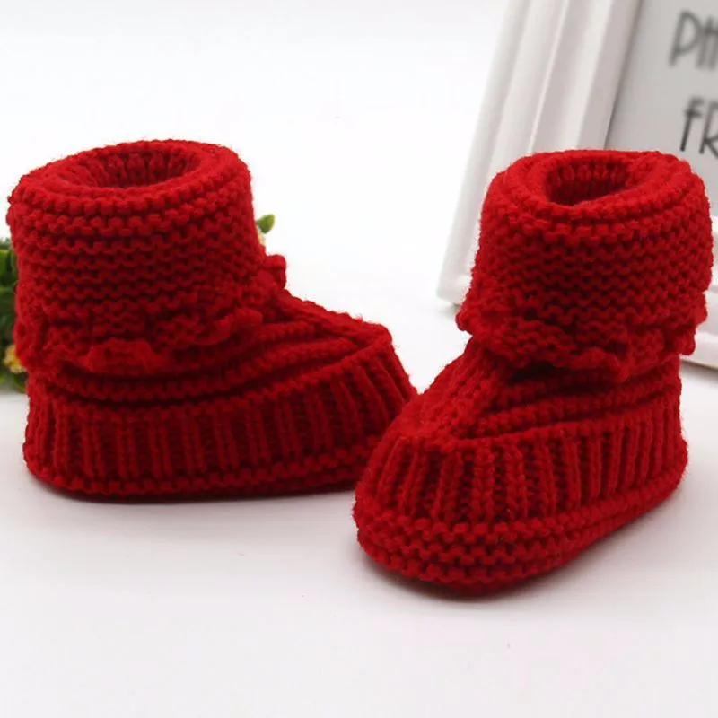 Новая зимняя обувь для малышей 0-6 месяцев вязание крючком флисовые сапоги с бантом для маленьких мальчиков и девочек, шерстяная детская обувь теплые зимние пинетки