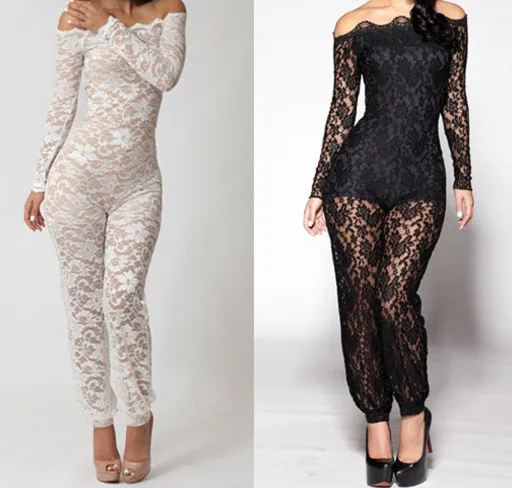 

European Style Women Lace Jumpsuit Long Sleeve Sexy Crochet Floral Bodysuits Nightclub Wear Perspective Overalls Black/white