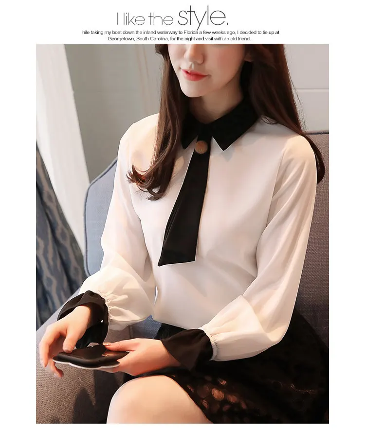 Women Blouses New 2019 Casual Autumn Shirt Elegant Bow Long Sleeve Tops Patchwork Chiffon Blusas Mujer OL Office Blouse (12)