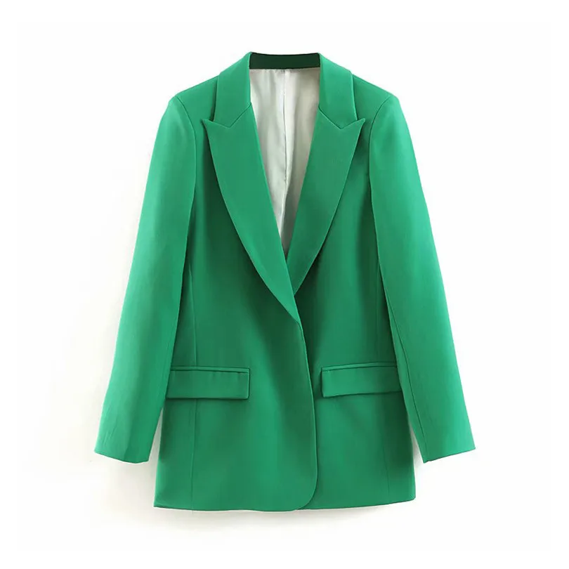 Женский однотонный зеленый Блейзер с зубчатым воротником и длинным рукавом, Женская куртка с декоративным карманом, верхняя одежда для офиса