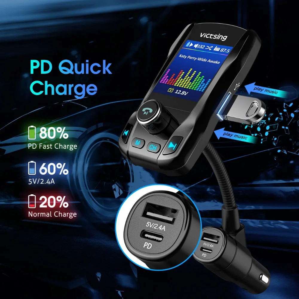 VicTsing 1.8 Bluetooth Car FM Transmitter PD & QC3.0 Wireless Radio Adapter Audio Receiver Hands-free Support TF AuxU-disk    (4)