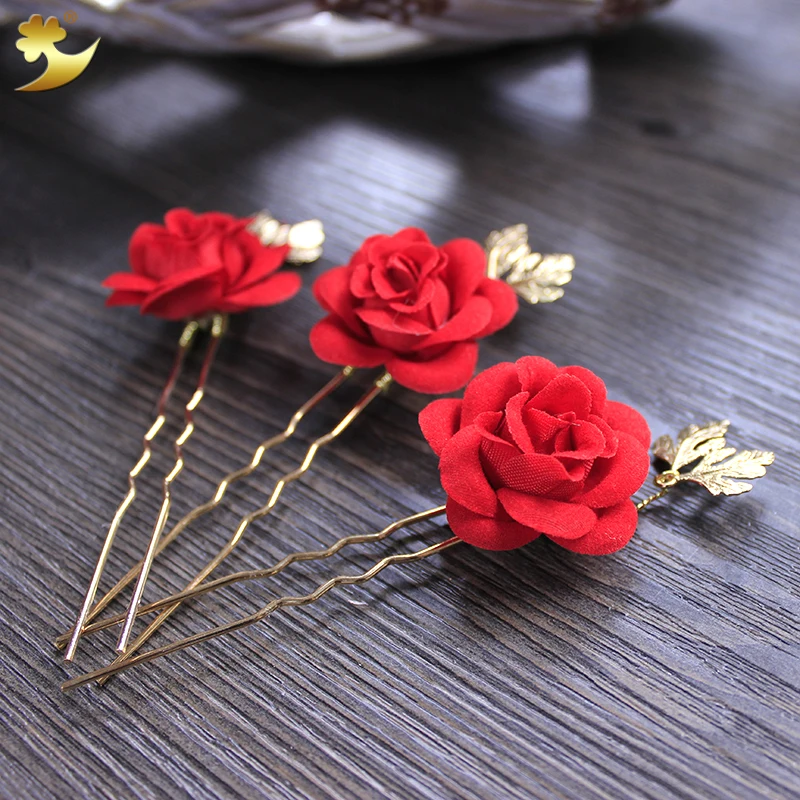 

XinYn New Arrival Classic Red Headdress Head wear Wedding Hair Clips Headpiece Head Wear Artificial Rose Floral Hair Pins 78034
