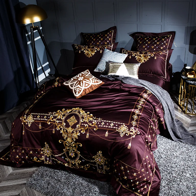 luxury Embroidered 120S Egyeptian cotton Purple Royal Bedding sets