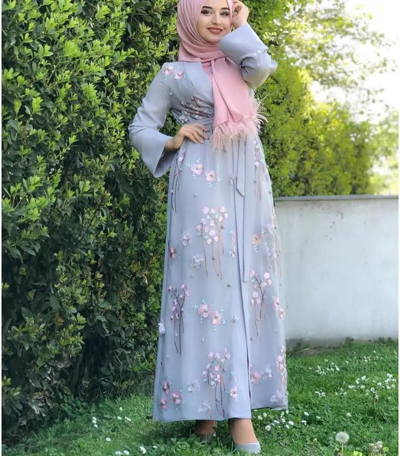 Цветочная вышивка caftan Турция abaya женское jilbabs платье с открытым передом abayas для исламских дам длинный халат