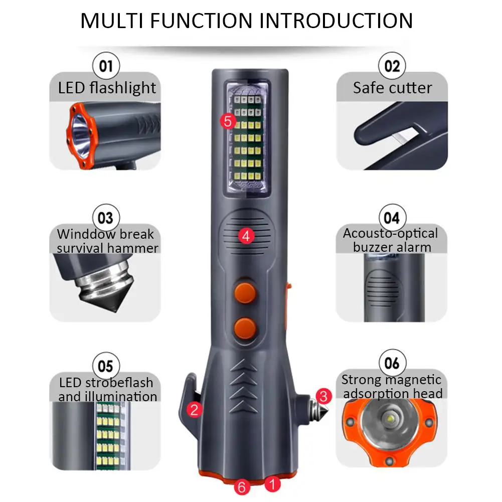 6 в 1 Многофункциональный звук световая сирена сигнализации Перезаряжаемые аварийный фонарик инструмент с окном выключатель ремня