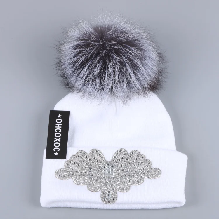Женские модные зимние шапки с помпоном, большой норковый мех, шаровые помпоны, шапочки с блестящим кристаллом, Высококачественная зимняя шапка - Цвет: Fox Pom white hat