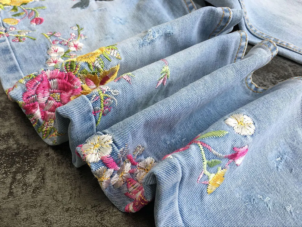 Женские рваные джинсы с цветочной вышивкой высокой талией на осень 2019|women jeans