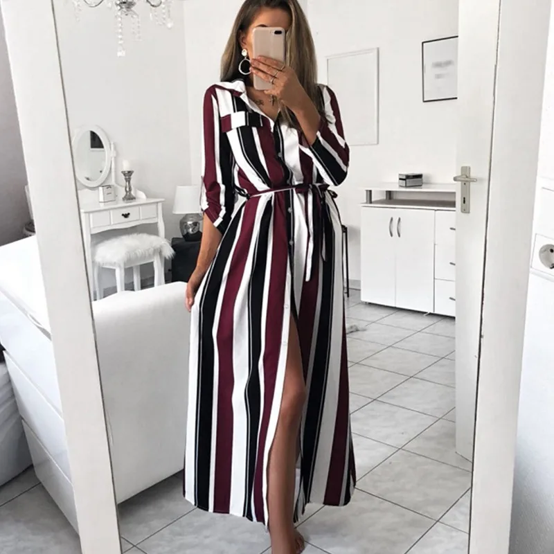 

Women Turn-Down Collar Button Lace Up Long Dress Summer Spring Autumn Long Sleeve Striped Maxi Chiffon Dresses
