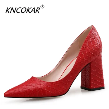

Red Girl High Heel Female Thick Heel Autumn New Style Pointed Professional Middle Heel Spring Single Shoe x1089