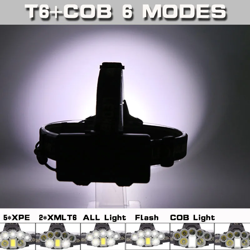 7300lm головной светильник налобный фонарь USB Перезаряжаемые 2* T6+ 5* Q5+ 1* COB светодиодный налобный фонарь вспышка светильник фонарь головной светильник Фонари 18650 Батарея