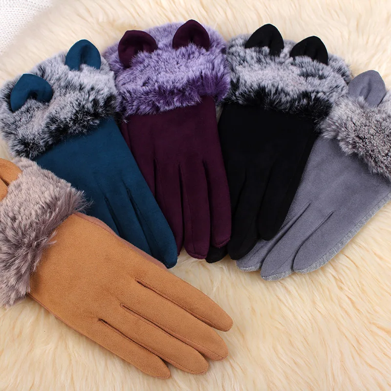 REALBY теплые замшевые перчатки для женщин Gants Femme Hiver Cute Cat дизайнерские русские Guantes
