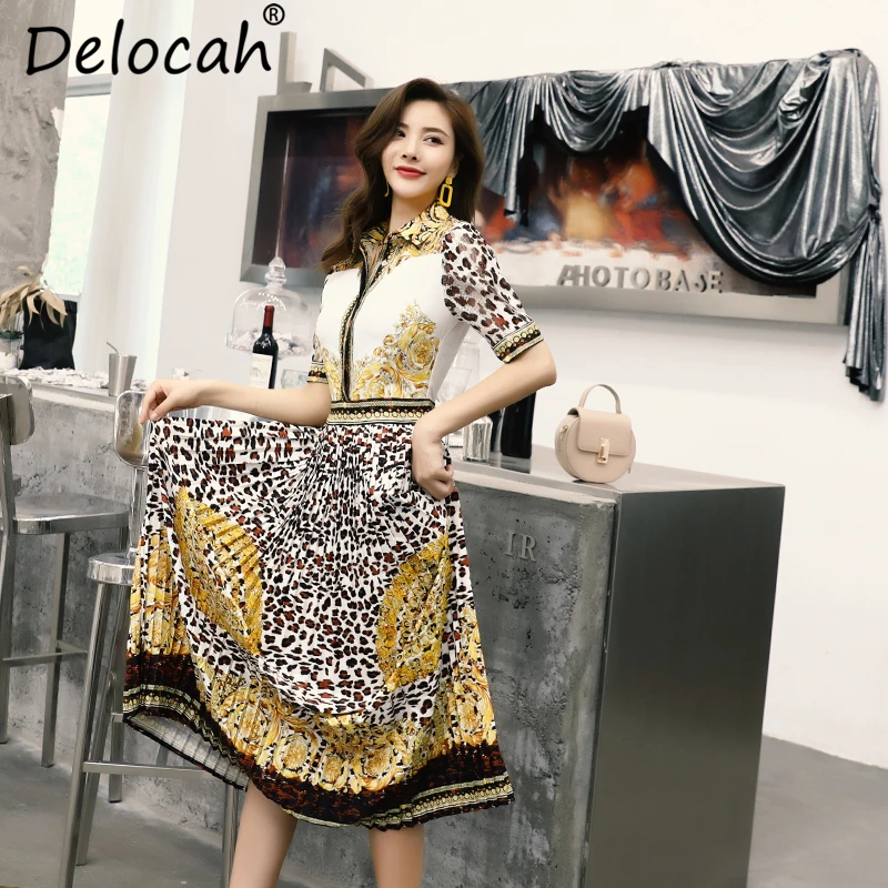 

Delocah Women Spring Summer Dress Runway Fashion Vintage Hollow Out Leopard Print Pleated Elegant Party Long Collect Waist Dress