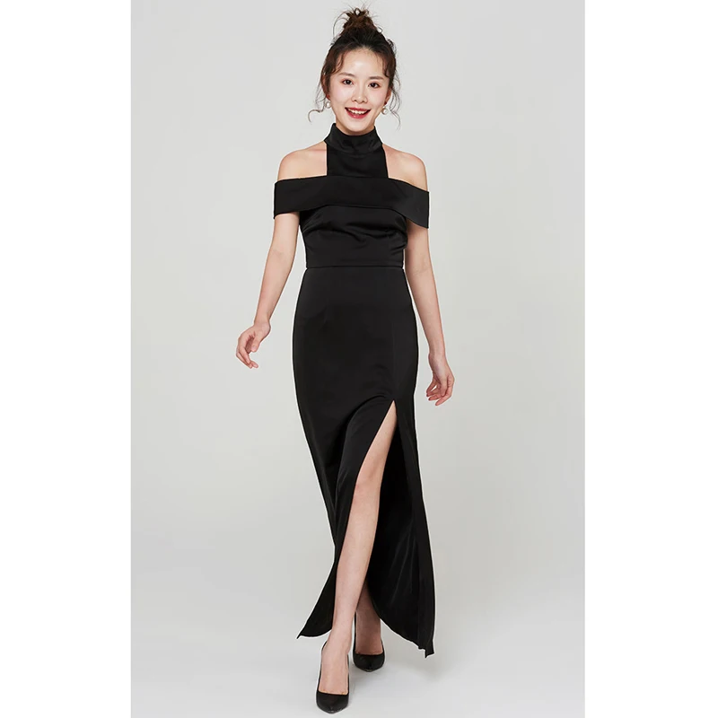 2018 women summer fashion simple black dress buttoned halter neck cold shoulder high waist ankle length side slit maxi dress