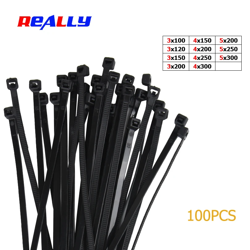 

REALLY Self-locking Nylon Cable Ties Black Plastic Zip Tie black wire binding wrap straps 100PCS 3*100 3*150 4*200