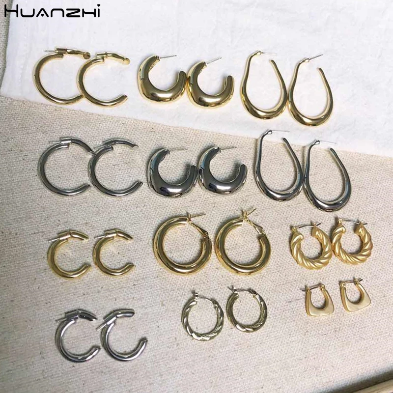 Женские серьги кольца HUANZHI круглые с золотым металлическим покрытием простой