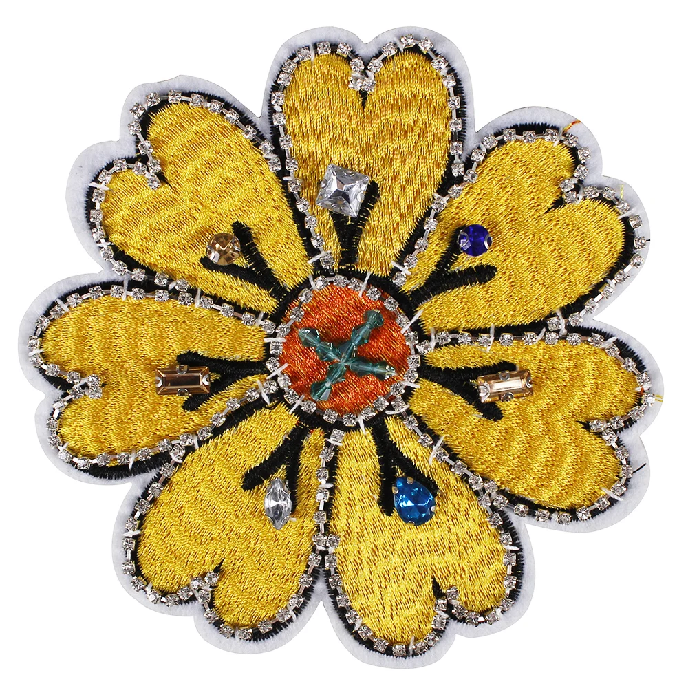 2piece Yellow Flower Petal Patches Beading Rhinestones Crystal Badge Fabric Applique Sewing