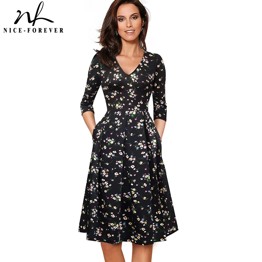 

Nice-forever Vintage Solid Color V neckline Pinup Pockets vestidos A-Line Business Party Female Flare Swing Women Dress A126