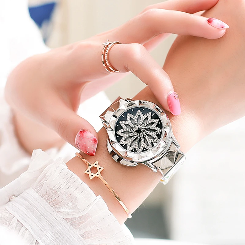 

2019 New Fashion Elegant Ladies Flower Watch Stainless Steel Rhinestone Crystal Luxury Women Watches Bracelet Clock montre femme