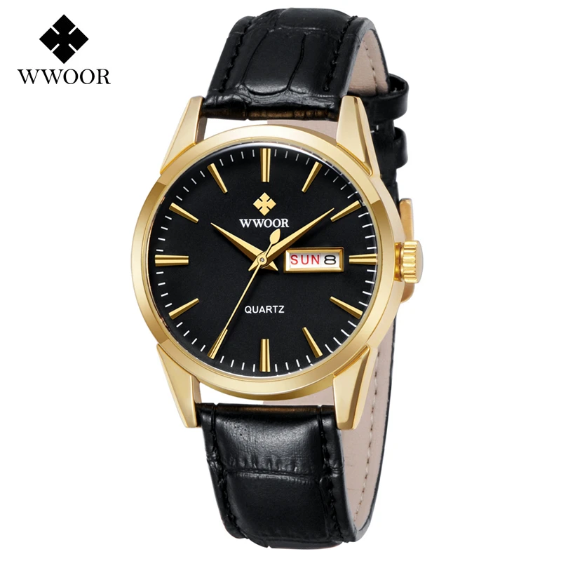 

WWOOR Business Auto Date Men Quartz Watch Leather Bracelet Week Display Watches Luxury Man Wristwatch Reloj Mujer Montre Homme