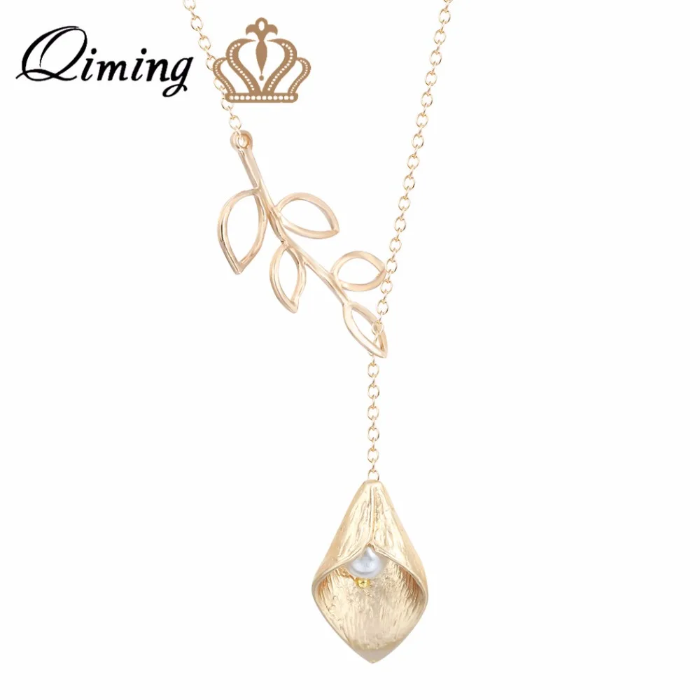 

QIMING Bohemia Pearl Leaf Gold Women Necklace Lady Silver Wedding Jewelry Accessories Chain Link Bride Pendant Necklace Gift